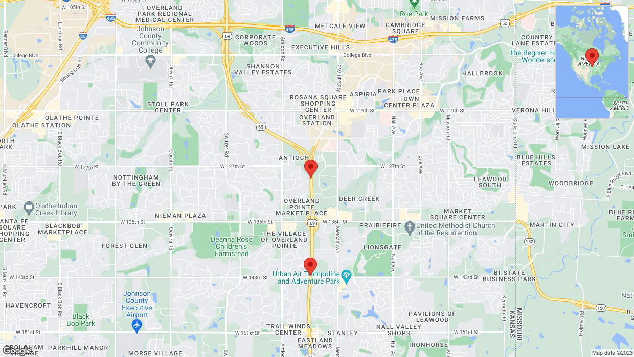 A detailed map that shows the affected road due to 'Lane on US-69 closed in Overland Park' on September 18th at 3:56 p.m.