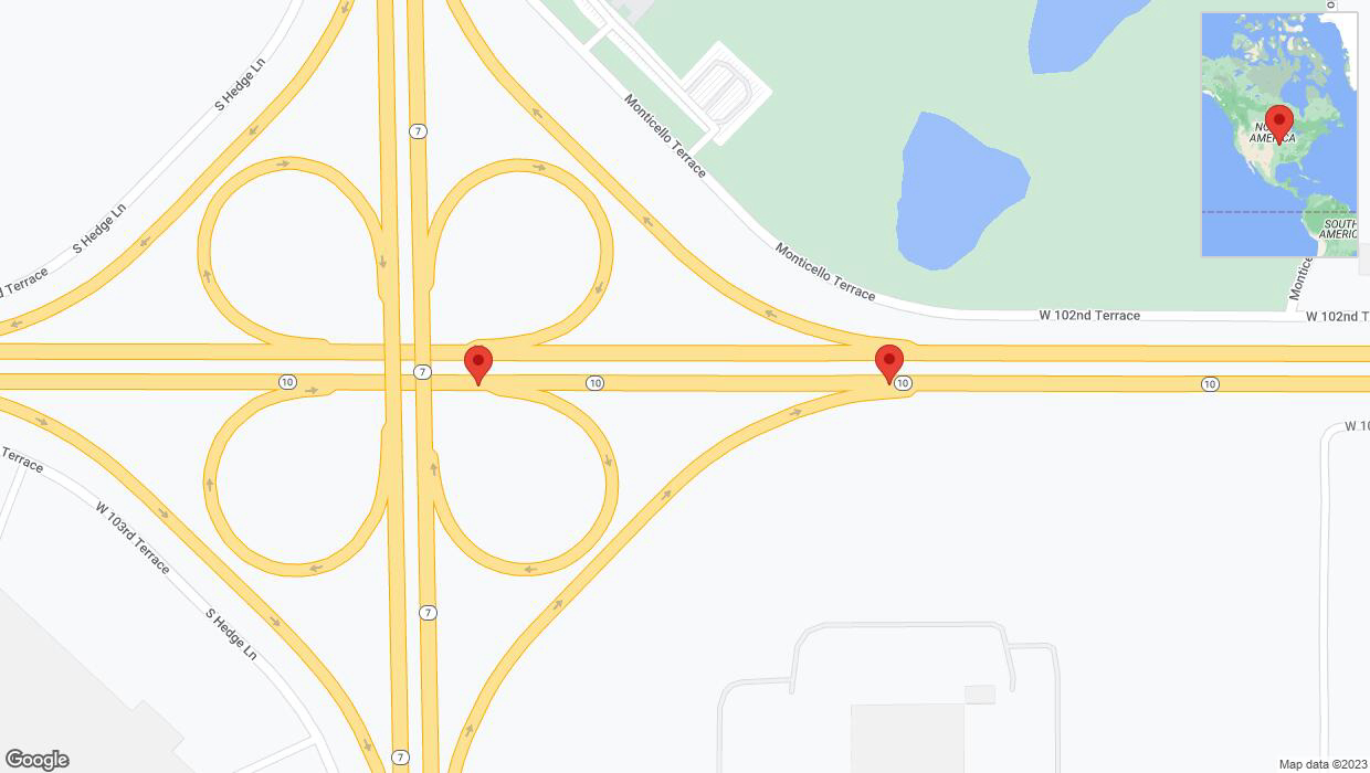 A detailed map that shows the affected road due to 'Broken down vehicle on eastbound K-10 in Lenexa' on September 18th at 7:07 a.m.
