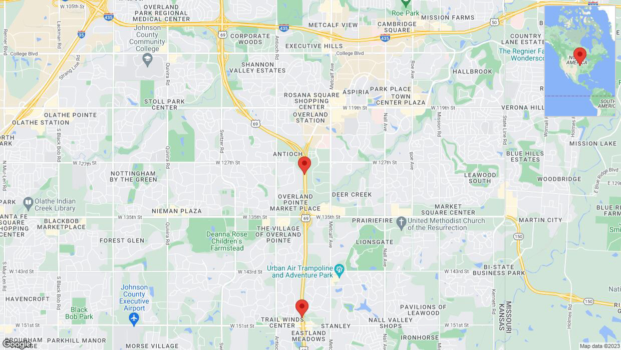 A detailed map that shows the affected road due to 'Lane on US-69 closed in Overland Park' on September 19th at 6:02 p.m.