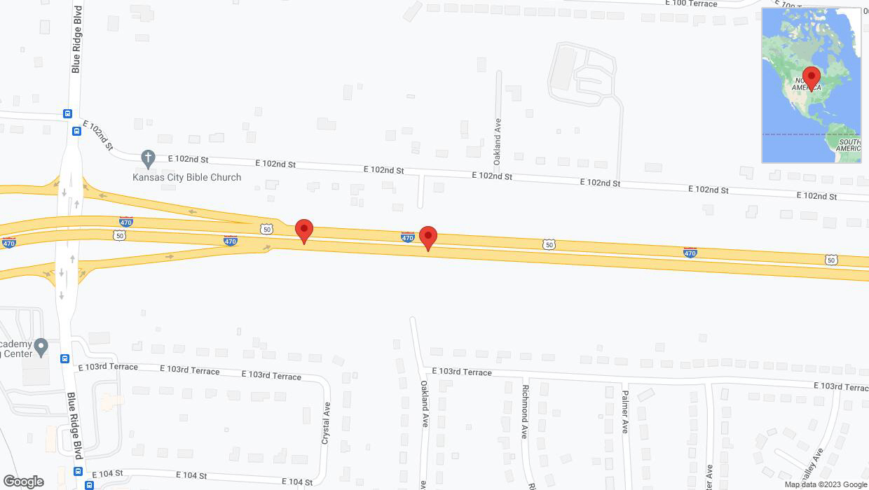A detailed map that shows the affected road due to 'Broken down vehicle on eastbound I-470 in Kansas City' on September 22nd at 8:13 p.m.