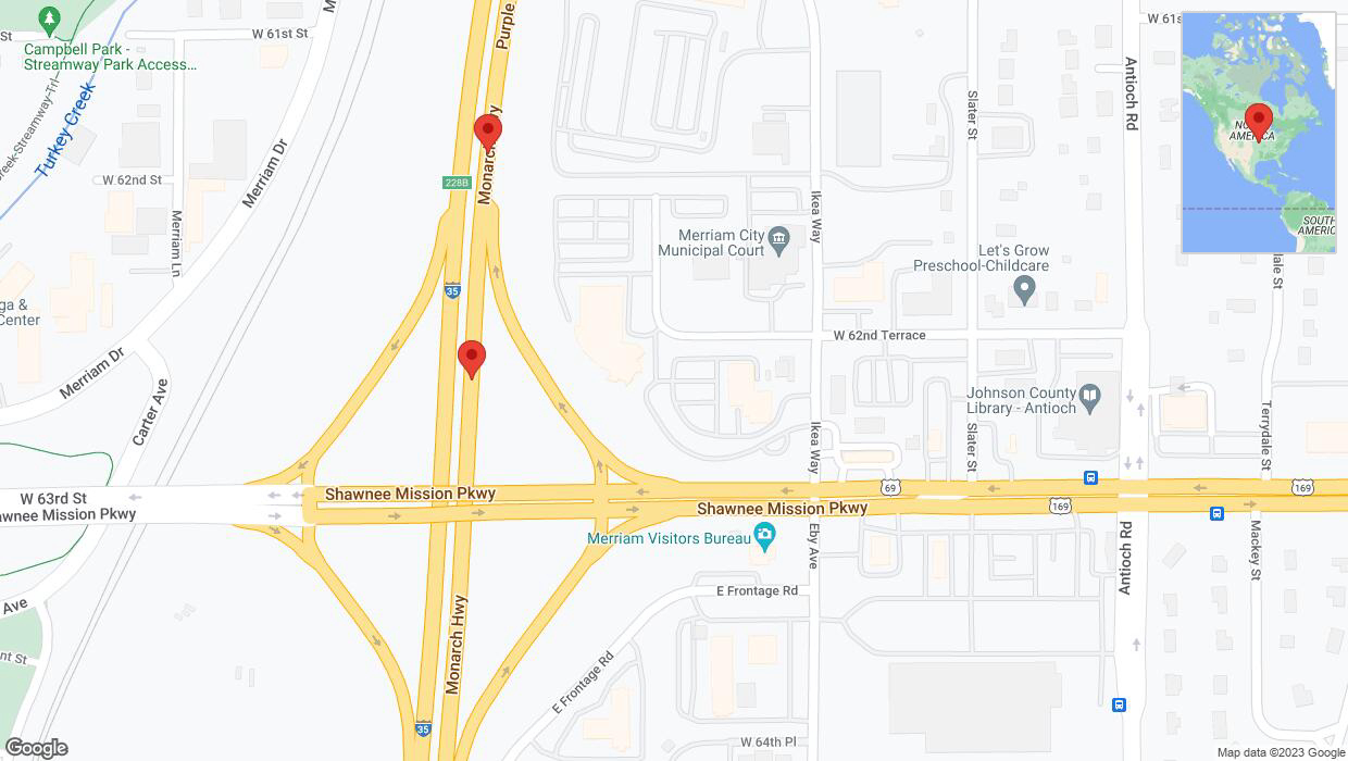 A detailed map that shows the affected road due to 'Warning: Crash on northbound I-35 in Merriam' on September 22nd at 5:01 p.m.