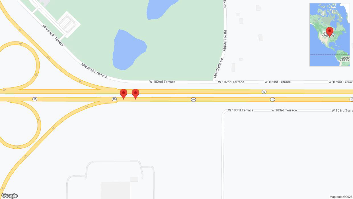 A detailed map that shows the affected road due to 'Broken down vehicle on eastbound K-10 in Olathe' on September 18th at 8:44 p.m.