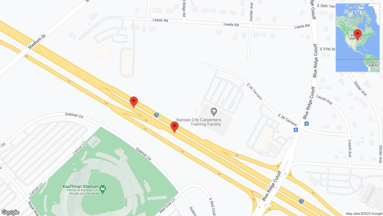 A detailed map that shows the affected road due to 'Broken down vehicle on eastbound I-70 in Kansas City' on September 18th at 10:50 p.m.