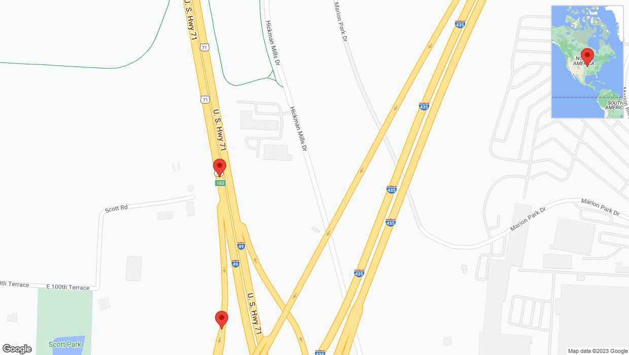A detailed map that shows the affected road due to 'Broken down vehicle on Hickman Mills Drive in Kansas City' on September 18th at 10:56 p.m.