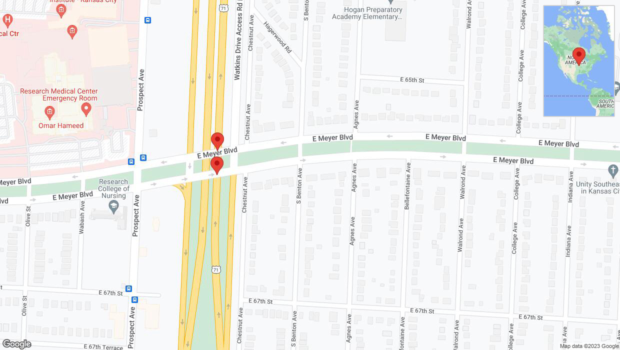 A detailed map that shows the affected road due to 'Warning: Crash on northbound the Bruce R Watkins Expressway/US-71 in Kansas City' on September 19th at 3:44 p.m.