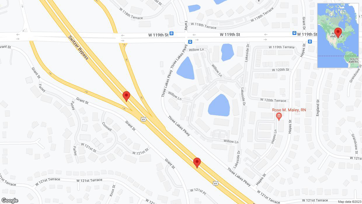 A detailed map that shows the affected road due to 'Lane on US-69 closed in Overland Park' on September 19th at 6:02 p.m.