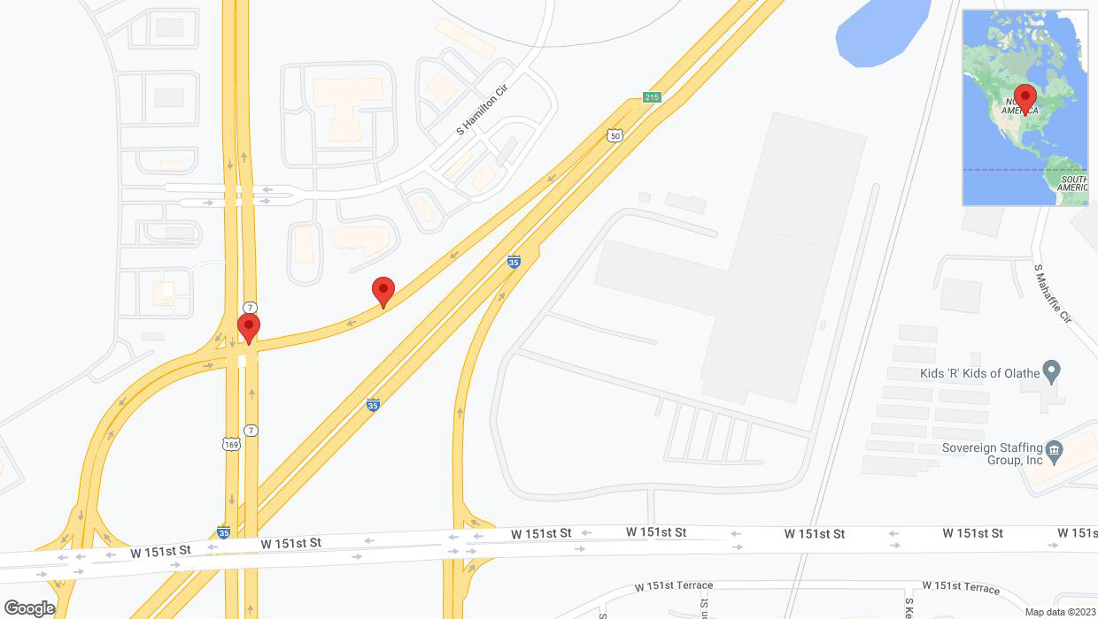 A detailed map that shows the affected road due to 'Broken down vehicle on southbound US-169 South in Olathe' on September 19th at 8:08 p.m.