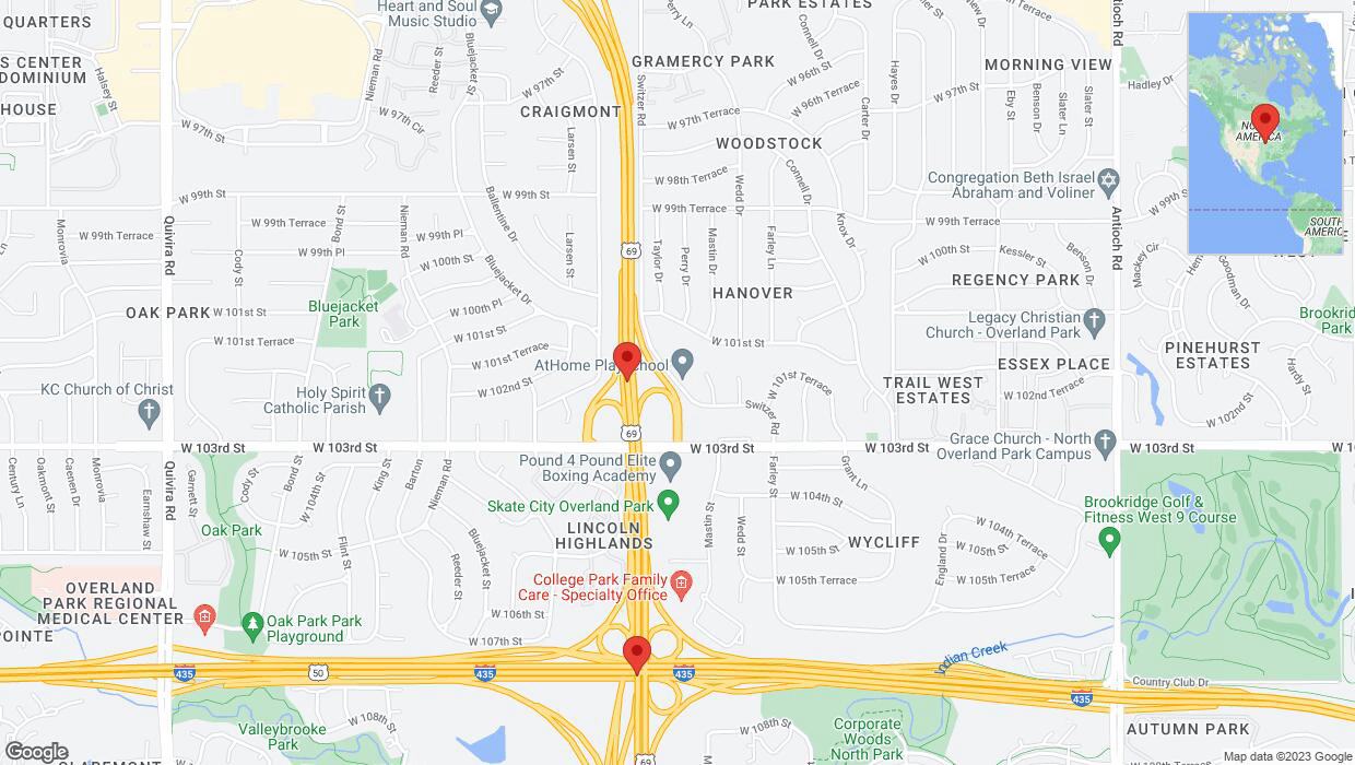 A detailed map that shows the affected road due to 'Lane on US-69 closed in Overland Park' on September 19th at 9:02 p.m.