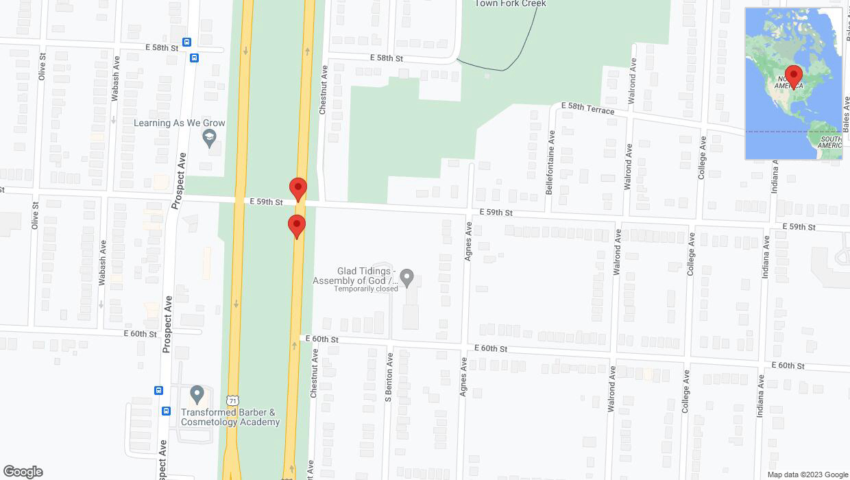 A detailed map that shows the affected road due to 'Broken down vehicle on northbound the Bruce R Watkins Expressway/US-71 in Kansas City' on September 19th at 9:08 p.m.