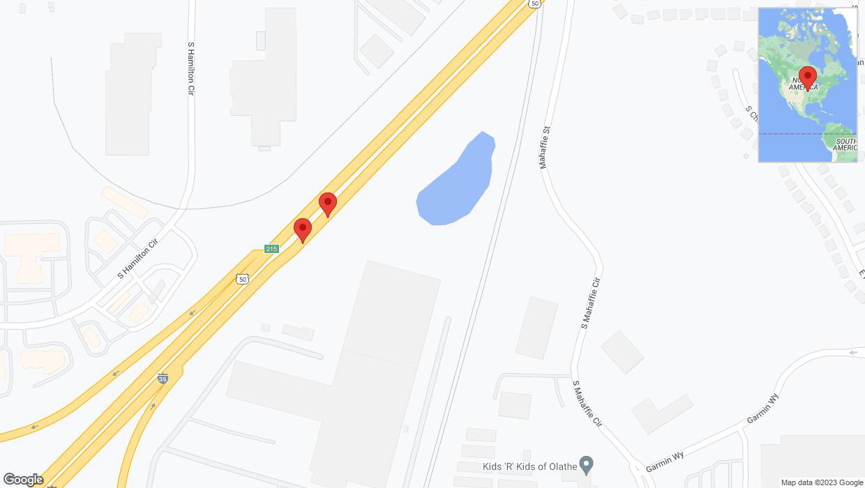 A detailed map that shows the affected road due to 'Broken down vehicle on eastbound I-35 in Olathe' on September 20th at 1:26 p.m.