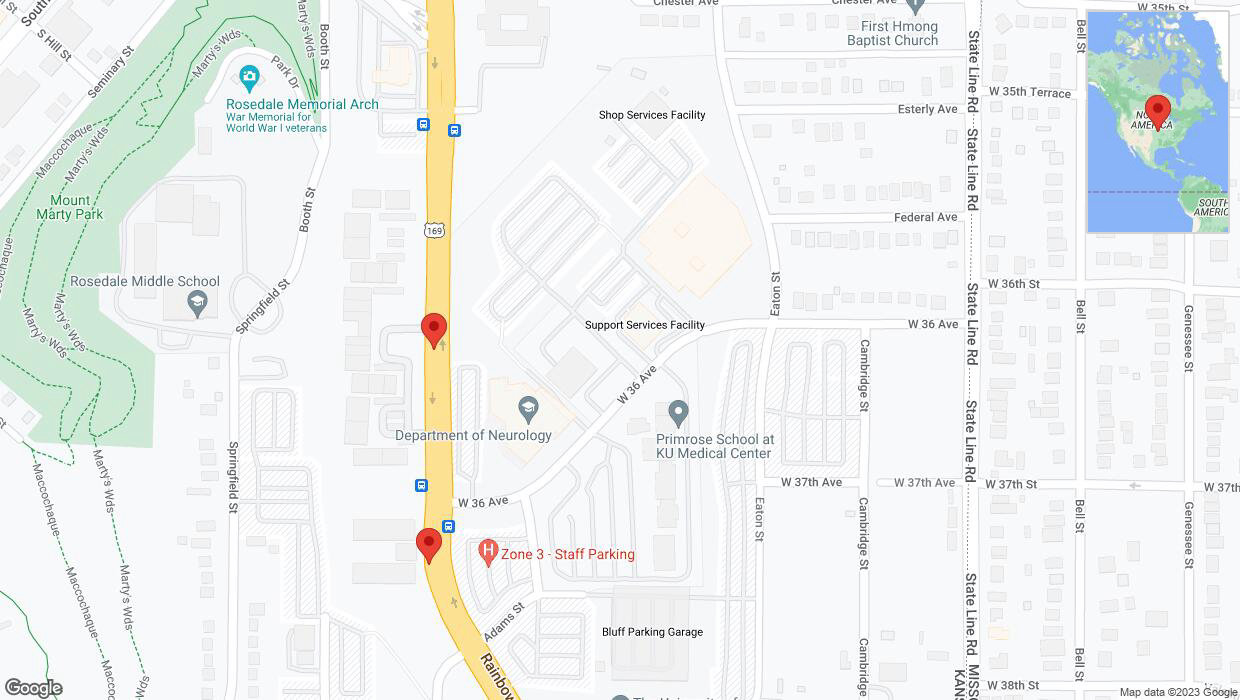 A detailed map that shows the affected road due to 'Lane on Rainbow Boulevard/US-169 closed in Kansas City' on September 22nd at 12:07 p.m.
