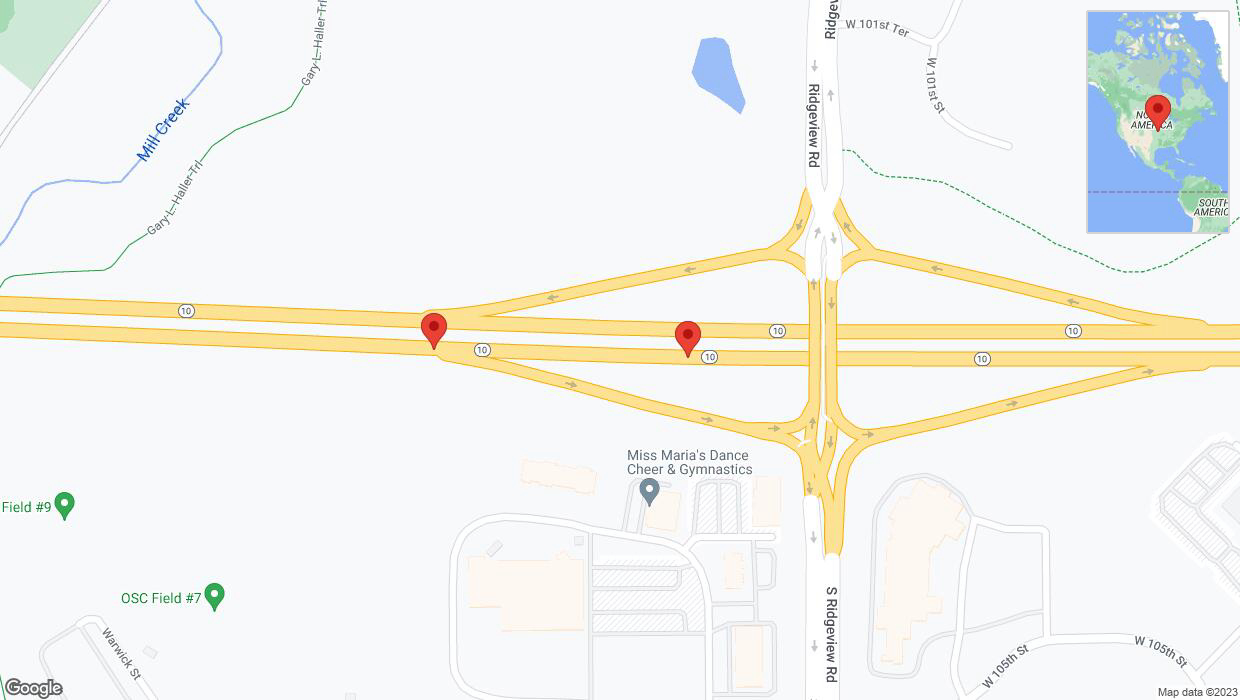 A detailed map that shows the affected road due to 'Broken down vehicle on eastbound K-10 in Olathe' on September 20th at 11:28 a.m.