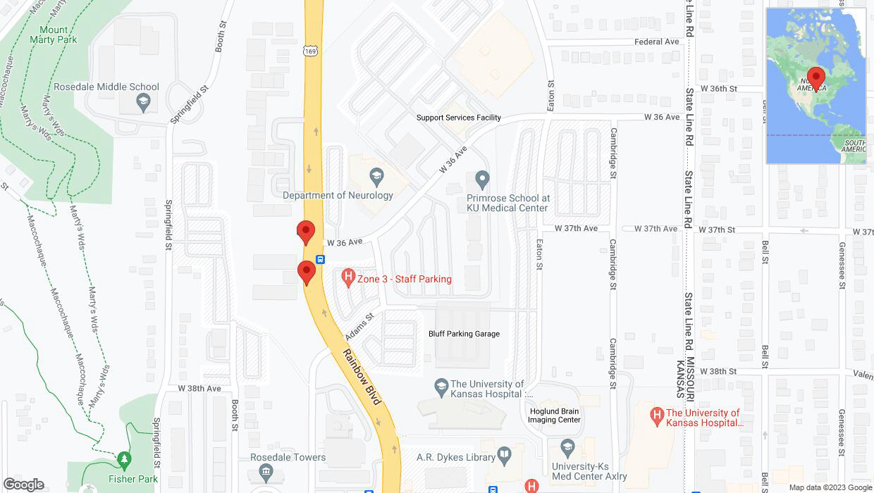 A detailed map that shows the affected road due to 'Lane on Rainbow Boulevard/US-169 closed in Kansas City' on September 21st at 12:07 p.m.