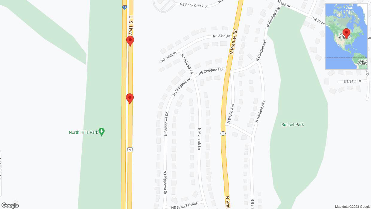 A detailed map that shows the affected road due to 'Broken down vehicle on northbound I-29/I-35 in Kansas City' on September 20th at 1:50 p.m.