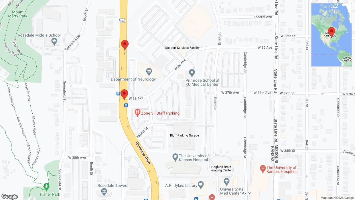 A detailed map that shows the affected road due to 'Lane on Rainbow Boulevard/US-169 closed in Kansas City' on September 21st at 8:07 p.m.