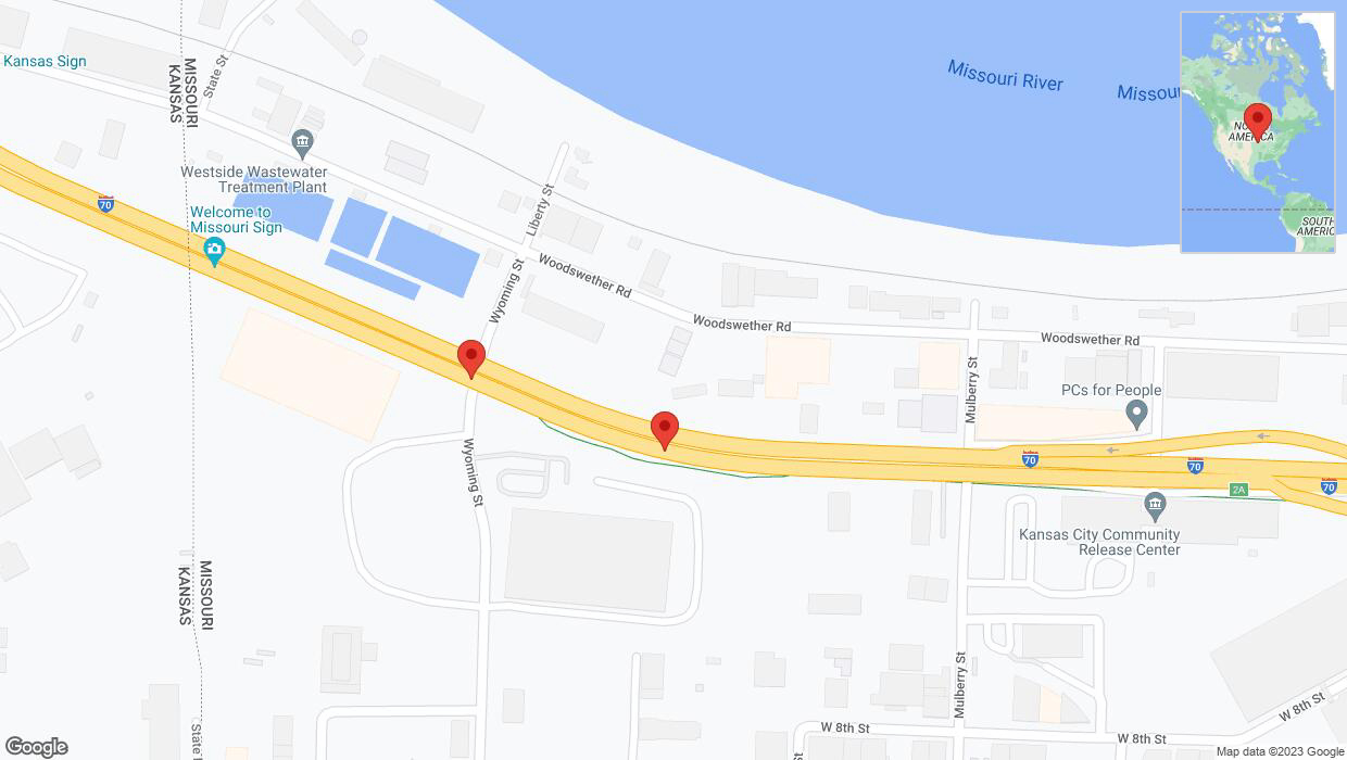 A detailed map that shows the affected road due to 'Broken down vehicle on eastbound I-70 in Kansas City' on September 20th at 3:44 p.m.