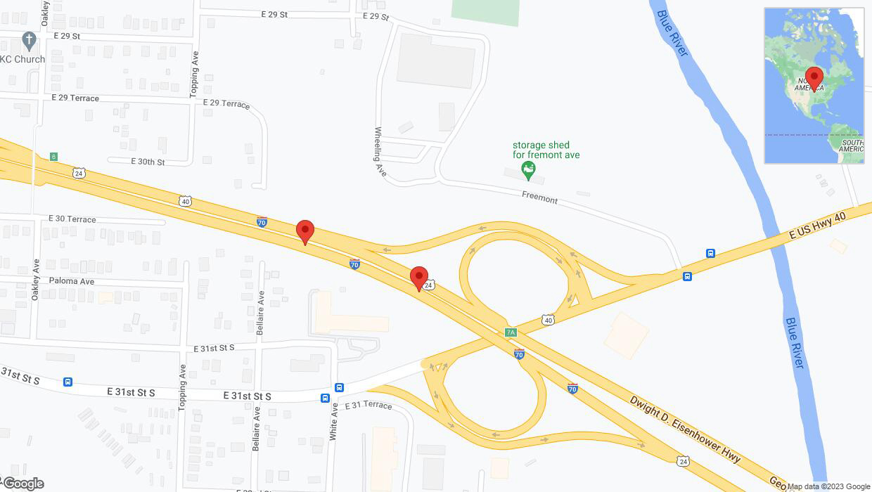 A detailed map that shows the affected road due to 'Broken down vehicle on eastbound I-70 in Kansas City' on September 20th at 4:56 p.m.
