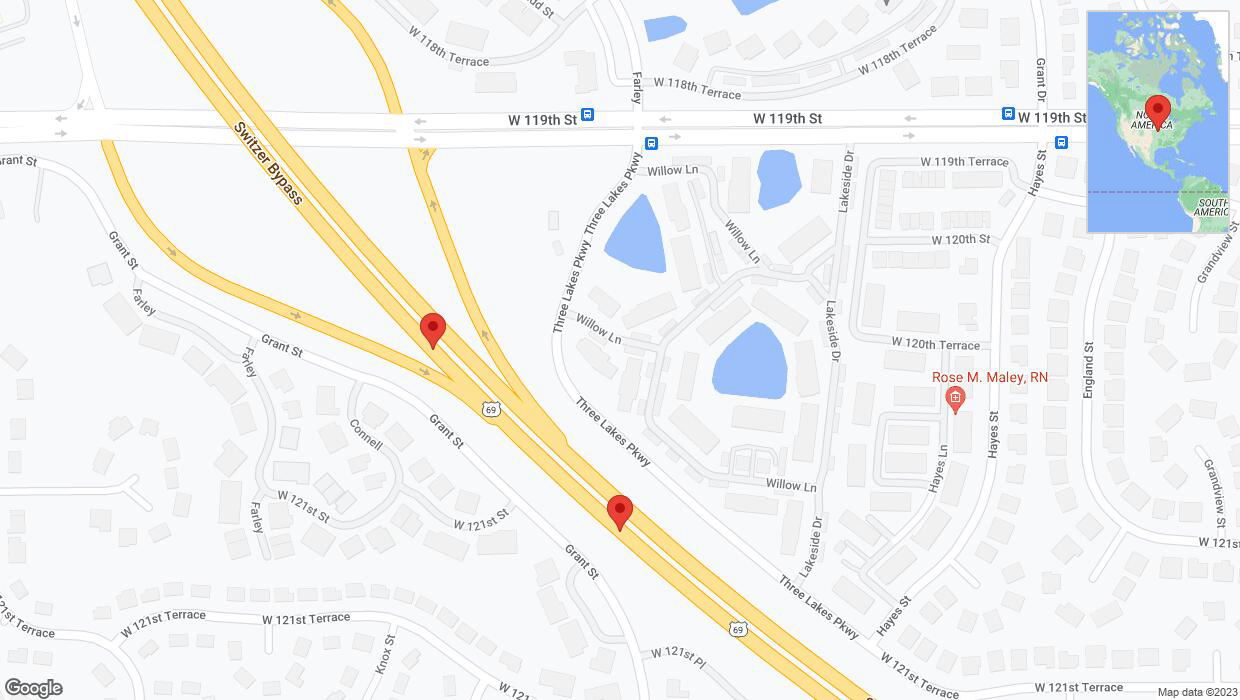 A detailed map that shows the affected road due to 'Lane on US-69 closed in Overland Park' on September 20th at 5:02 p.m.