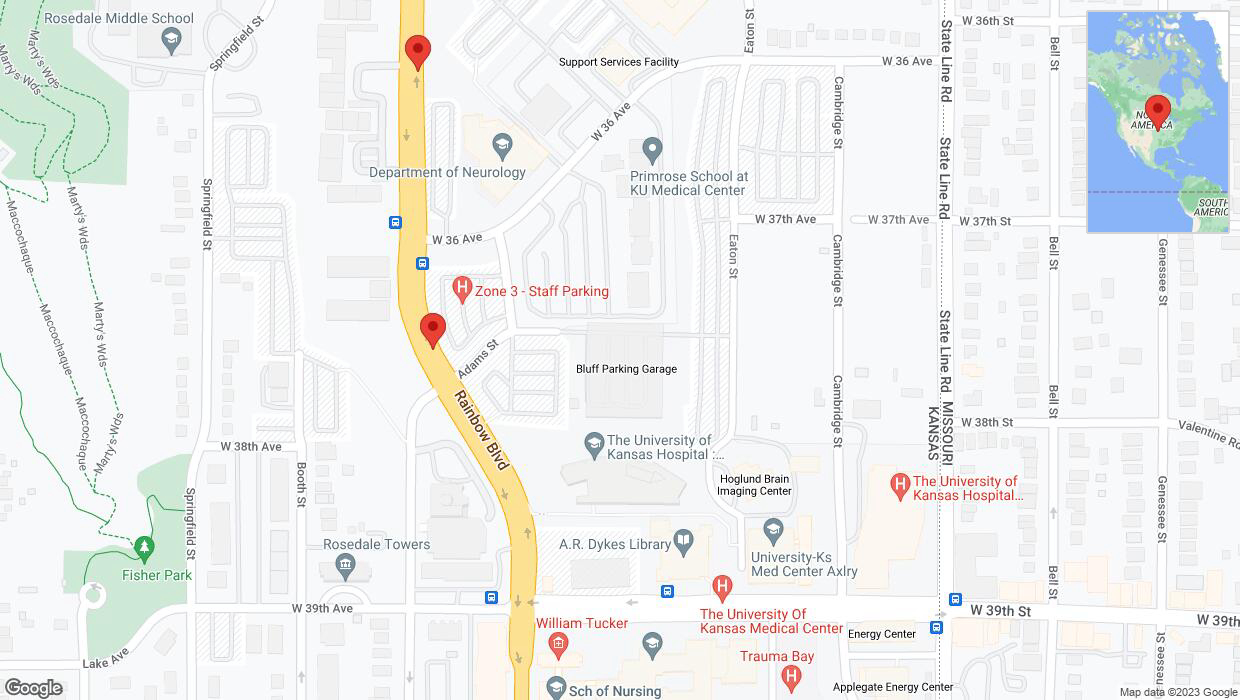 A detailed map that shows the affected road due to 'Lane on Rainbow Boulevard/US-169 closed in Kansas City' on September 20th at 10:02 p.m.