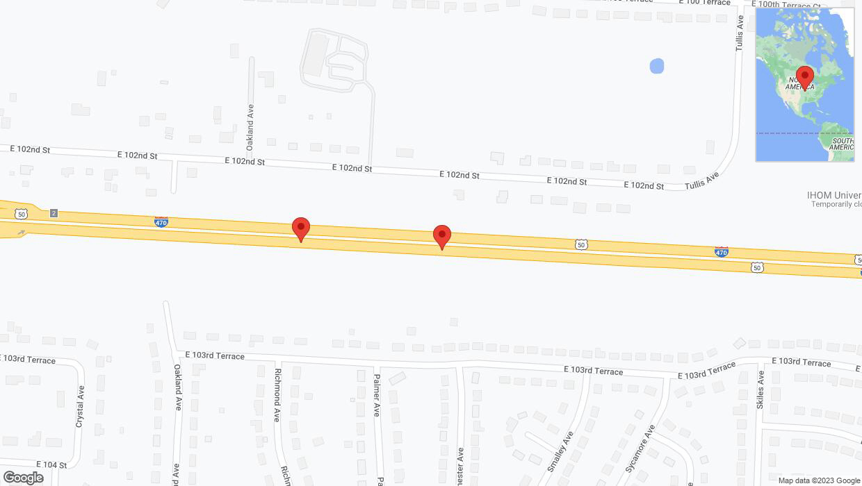 A detailed map that shows the affected road due to 'Broken down vehicle on eastbound I-470 in Kansas City' on September 24th at 9:01 p.m.