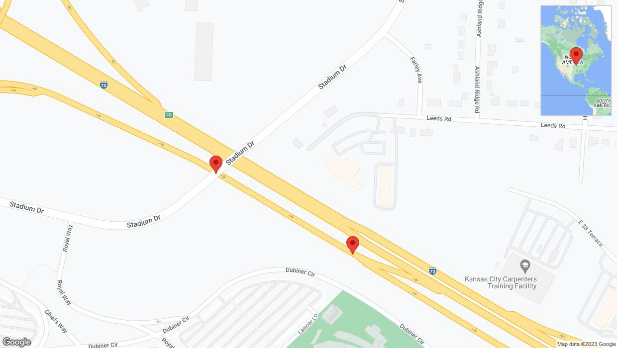 A detailed map that shows the affected road due to 'Broken down vehicle on Stadium Drive in Kansas City' on September 21st at 12:49 p.m.