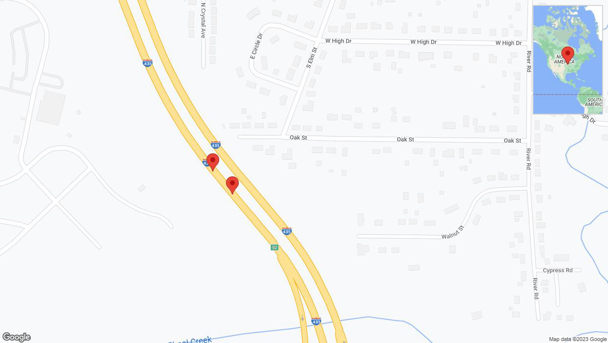 A detailed map that shows the affected road due to 'Broken down vehicle on southbound I-435 in Pleasant Valley' on September 21st at 1:13 p.m.