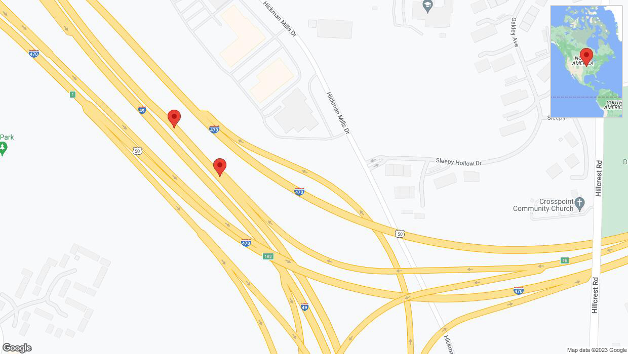 A detailed map that shows the affected road due to 'Broken down vehicle on northbound I-40/US-71 in Kansas City' on September 21st at 6:07 p.m.