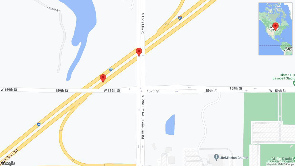 A detailed map that shows the affected road due to 'Broken down vehicle on eastbound I-35 in Olathe' on September 21st at 5:37 p.m.