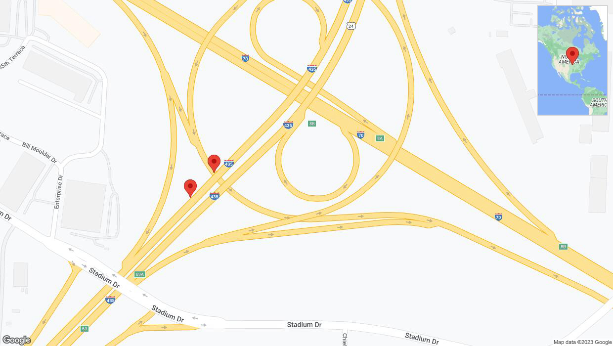 A detailed map that shows the affected road due to 'Broken down vehicle on southbound I-435 in Kansas City' on September 21st at 5:55 p.m.