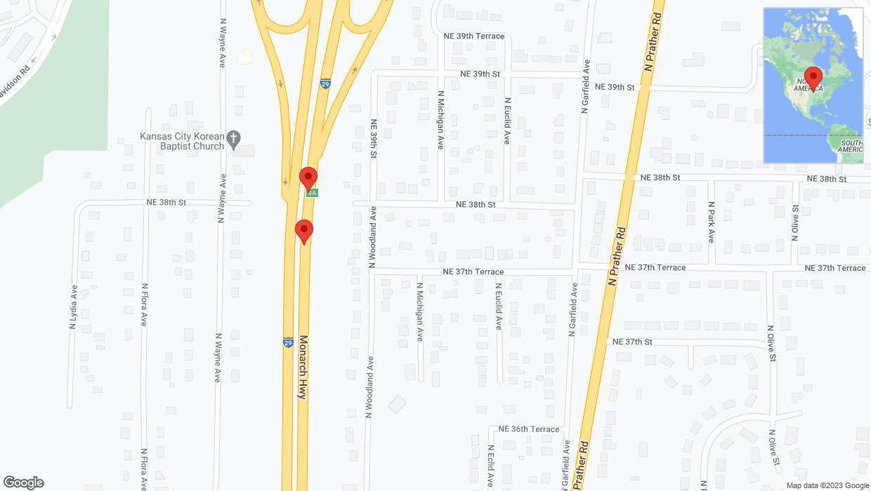A detailed map that shows the affected road due to 'Warning in Kansas City: Crash reported on northbound I-29/I-35' on September 21st at 6:07 p.m.