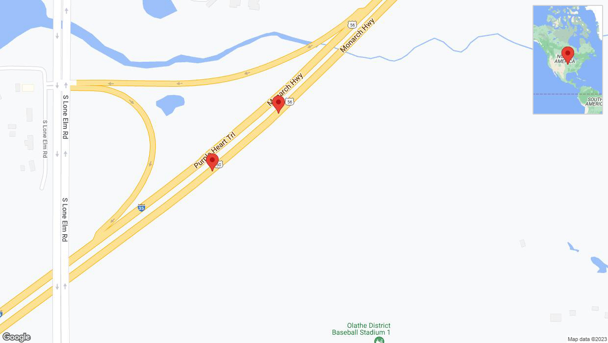 A detailed map that shows the affected road due to 'Broken down vehicle on eastbound I-35 in Olathe' on September 21st at 6:13 p.m.