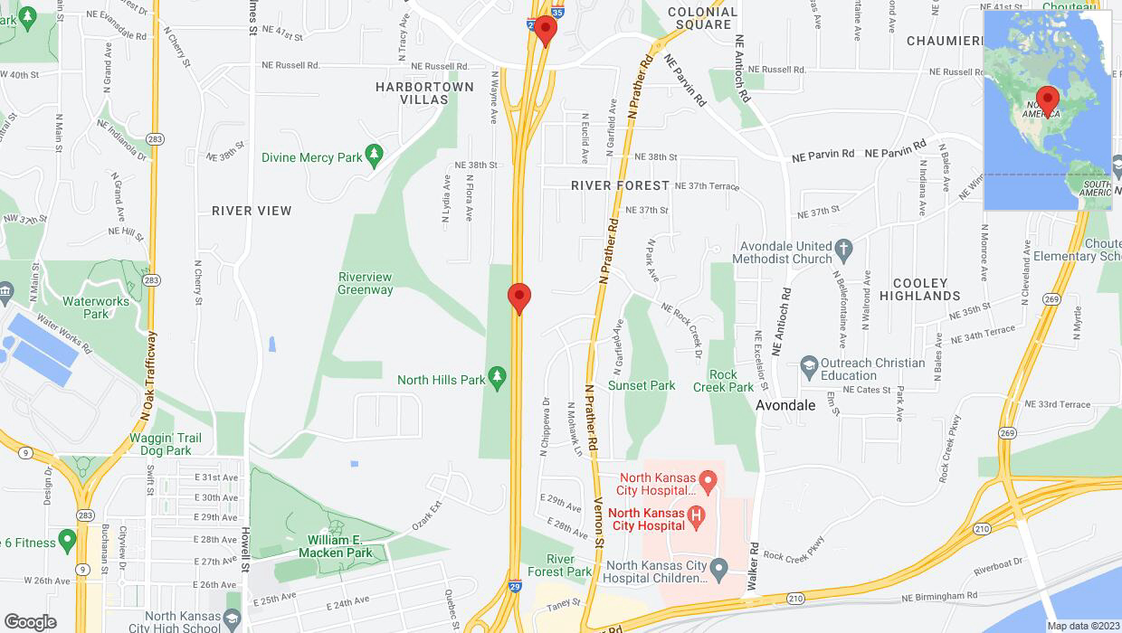 A detailed map that shows the affected road due to 'Warning in Kansas City: Crash reported on northbound I-29/I-35' on September 21st at 6:13 p.m.
