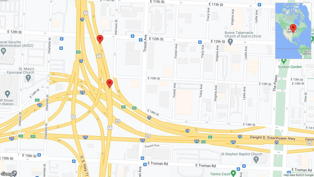A detailed map that shows the affected road due to 'Broken down vehicle on the George Brett Super Highway in Kansas City' on September 21st at 6:49 p.m.