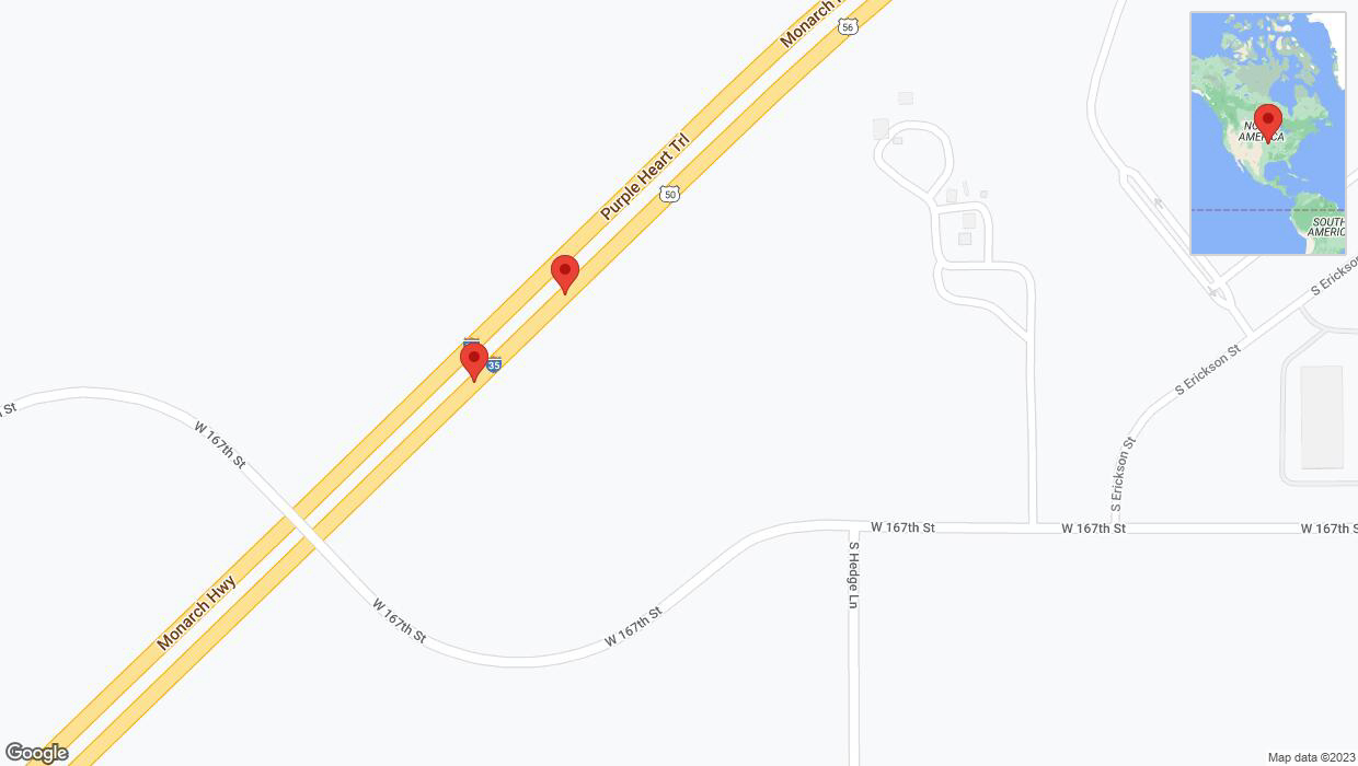A detailed map that shows the affected road due to 'Broken down vehicle on eastbound I-35 in Olathe' on September 21st at 8:07 p.m.