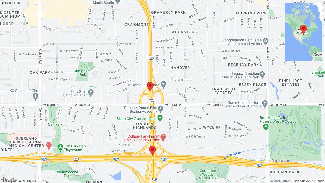 A detailed map that shows the affected road due to 'Lane on US-69 closed in Overland Park' on September 21st at 9:07 p.m.
