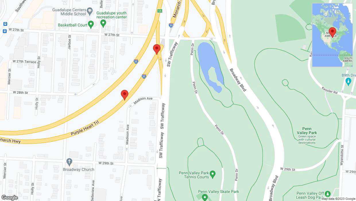 A detailed map that shows the affected road due to 'Broken down vehicle on northbound I-35 in Kansas City' on September 21st at 10:19 p.m.