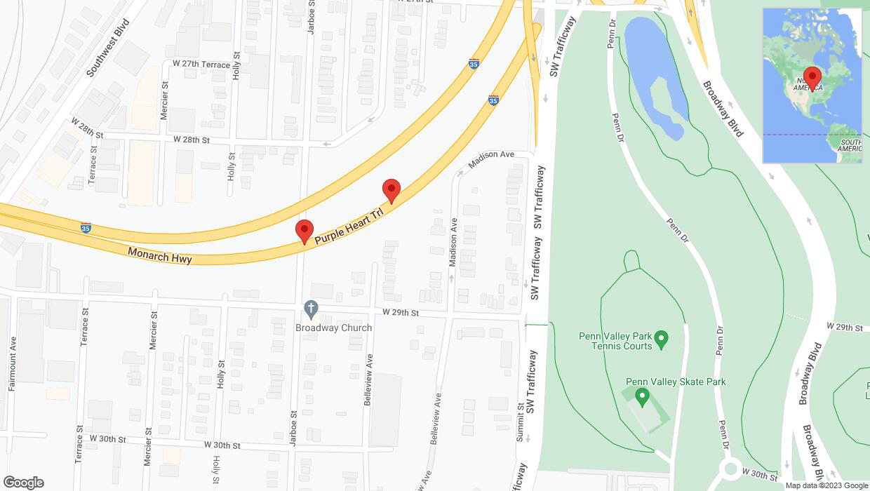A detailed map that shows the affected road due to 'Broken down vehicle on northbound I-35 in Kansas City' on September 21st at 10:25 p.m.
