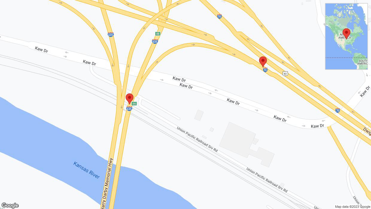 A detailed map that shows the affected road due to 'Kansas City: Harry Darby Memorial Highway closed' on September 22nd at 11:25 p.m.