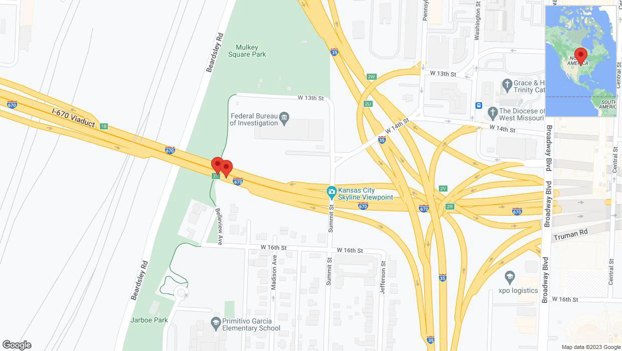 A detailed map that shows the affected road due to 'Warning: Crash on eastbound I-670 in Kansas City' on September 22nd at 12:43 p.m.