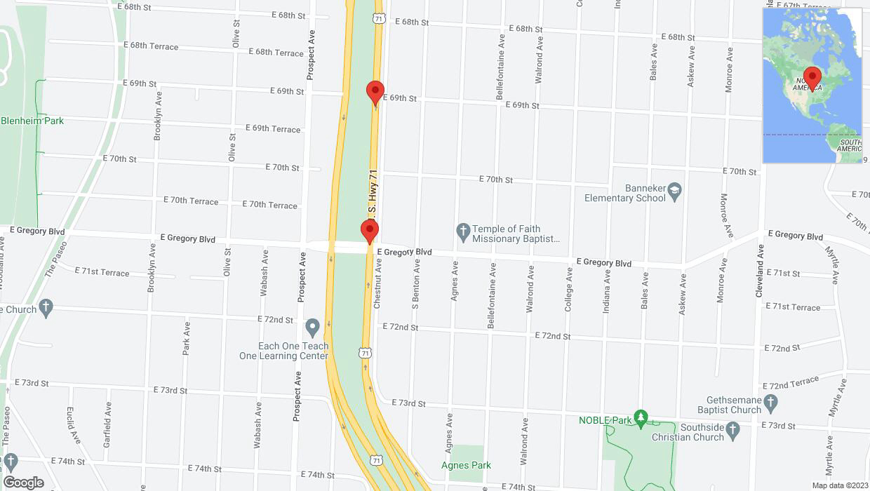 A detailed map that shows the affected road due to 'Broken down vehicle on northbound the Bruce R Watkins Expressway/US-71 in Kansas City' on September 22nd at 12:31 p.m.