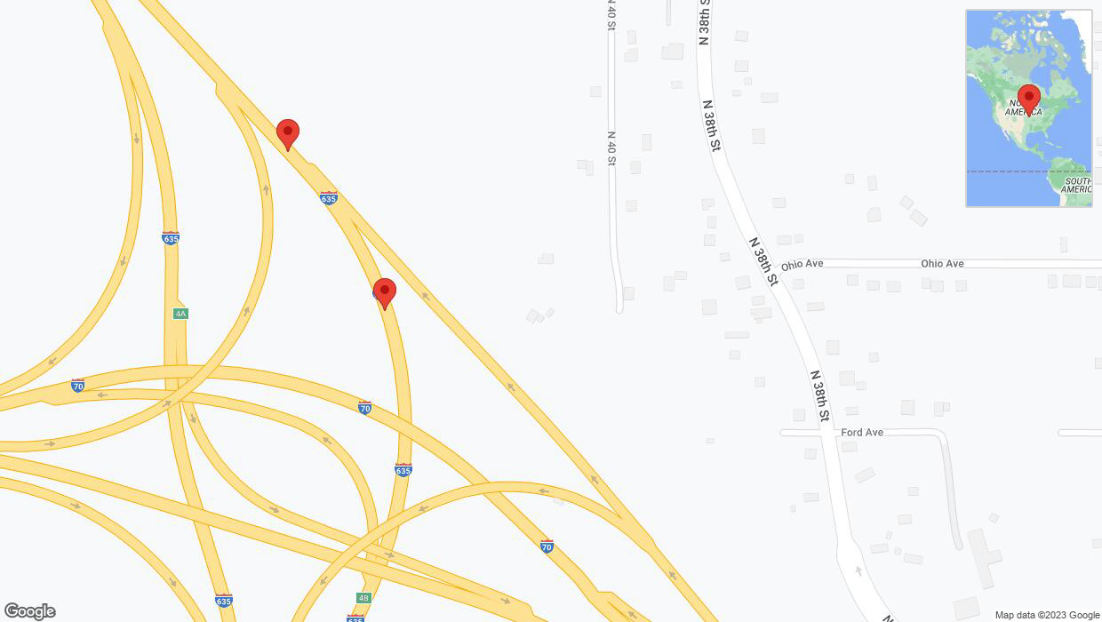 A detailed map that shows the affected road due to 'Broken down vehicle on northbound I-635 in Kansas City' on September 22nd at 2:25 p.m.