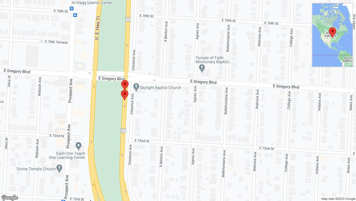 A detailed map that shows the affected road due to 'Broken down vehicle on northbound US-71 North in Kansas City' on September 22nd at 3:07 p.m.