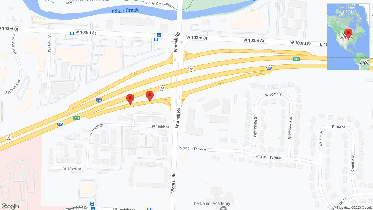 A detailed map that shows the affected road due to 'Broken down vehicle on West 104th Street in Kansas City' on September 22nd at 4:01 p.m.