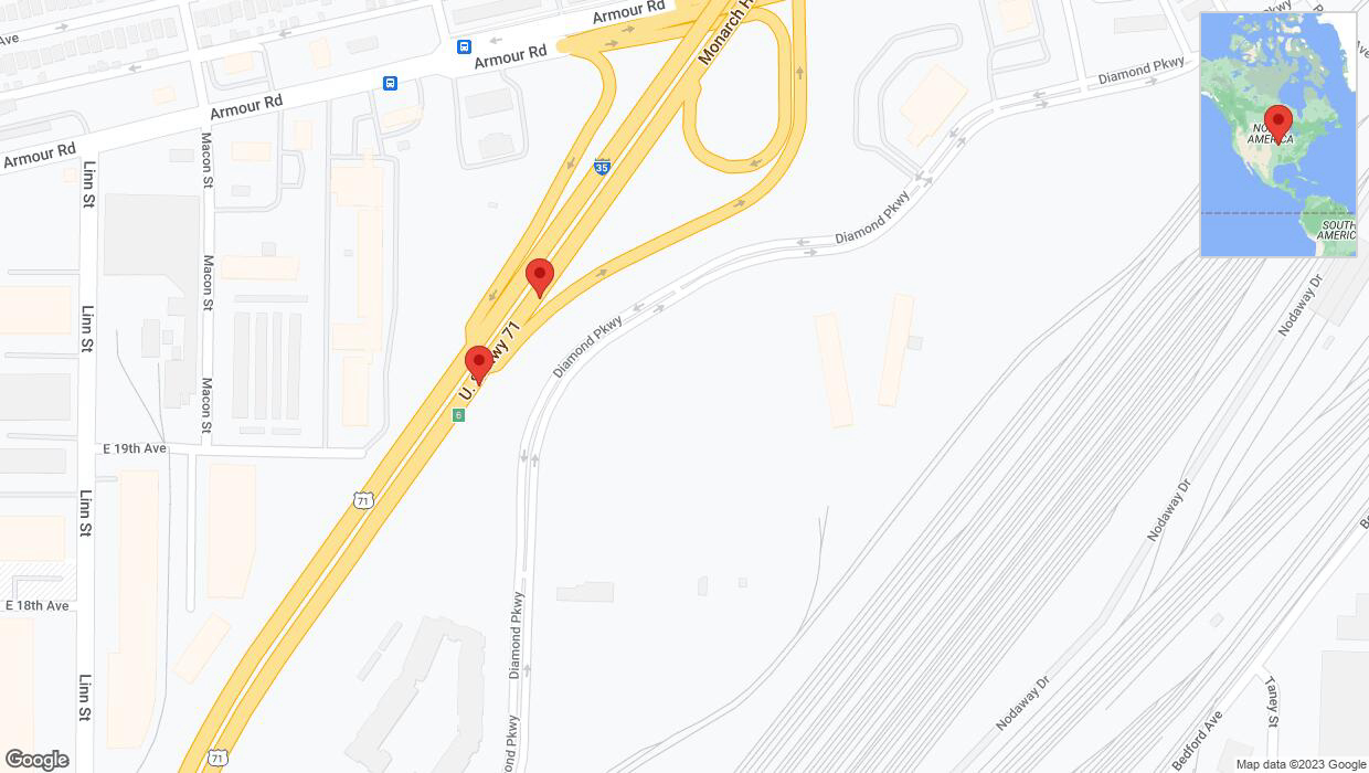 A detailed map that shows the affected road due to 'Broken down vehicle on northbound I-29/I-35 in North Kansas City' on September 22nd at 4:25 p.m.