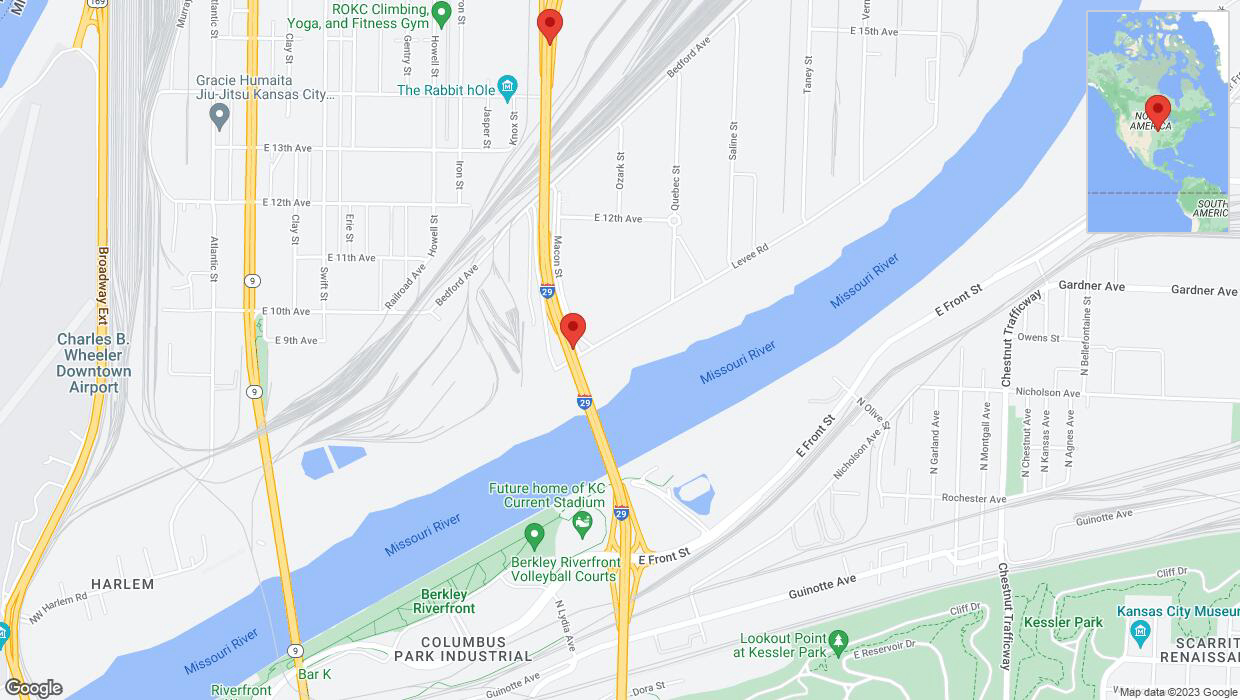 A detailed map that shows the affected road due to 'Warning: Crash on northbound I-29/I-35 in North Kansas City' on September 22nd at 4:37 p.m.