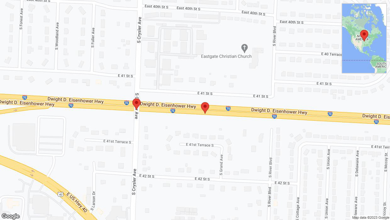 A detailed map that shows the affected road due to 'Broken down vehicle on eastbound I-70 in Independence' on September 22nd at 4:43 p.m.