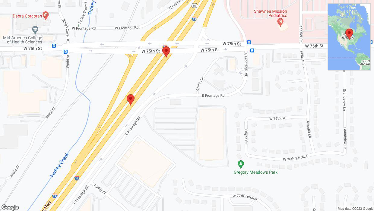A detailed map that shows the affected road due to 'Broken down vehicle on eastbound I-35 in Overland Park' on September 22nd at 4:55 p.m.