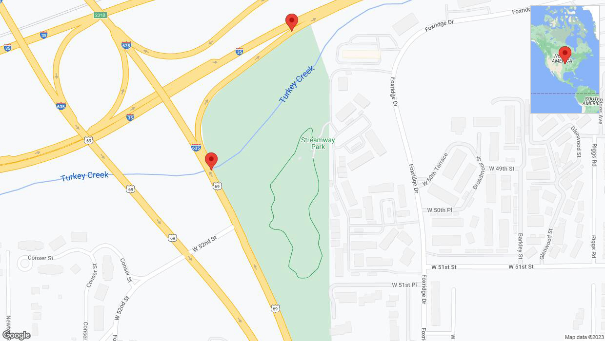 A detailed map that shows the affected road due to 'Broken down vehicle on northbound US-69 North in Mission' on September 22nd at 6:19 p.m.
