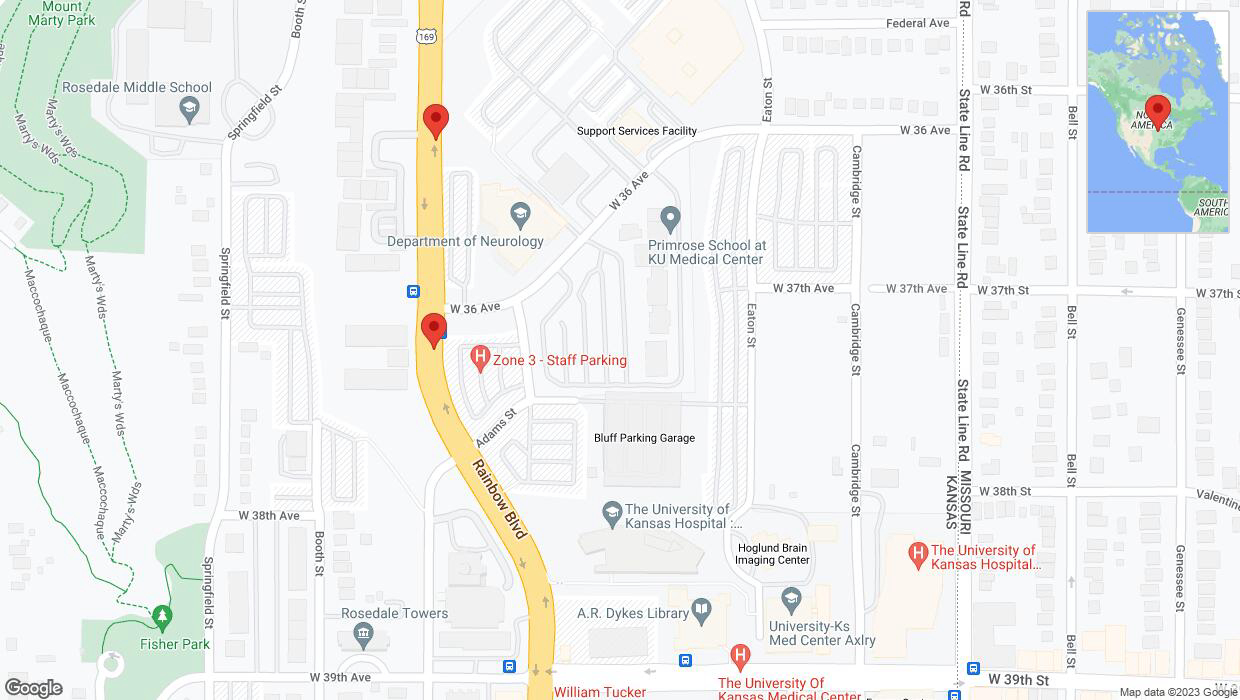 A detailed map that shows the affected road due to 'Lane on Rainbow Boulevard/US-169 closed in Kansas City' on September 22nd at 7:07 p.m.