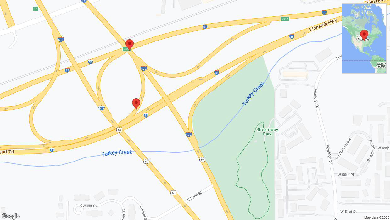 A detailed map that shows the affected road due to 'Broken down vehicle on the Monarch Highway in Overland Park' on September 22nd at 7:37 p.m.